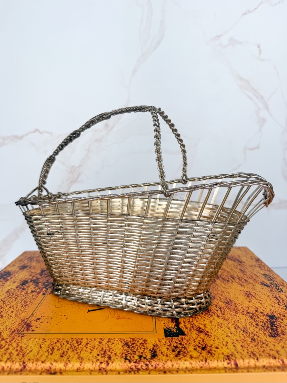 Vintage MCM French Style Metal Wine Bottle Carrier Basket Woven Twisted Handle
